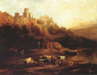 Jenaro Perez Villaamil Herd of Cattle Resting on a Riverbank in Front of a Castle (mk22) oil painting picture